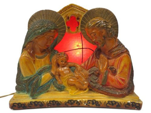 Vintage TV Lamp Light 13" Large 1940s Red Fiberglass Shade, Religious Baby Jesus