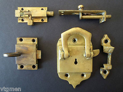 Lot 2 Antique Brass Ice Box Refrigerator Door Locks, 2 Brass Bolt Door Latches