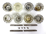 4 Pairs of Antique Door Knobs, 12 Points Glass Diamonds, Brass & Metal, Shafts