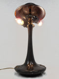 Antique Art Nouveau Bronze Lamp 17" with 2 Light Arms and Brass Shade, New Wires