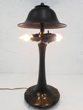 Antique Art Nouveau Bronze Lamp 17" with 2 Light Arms and Brass Shade, New Wires