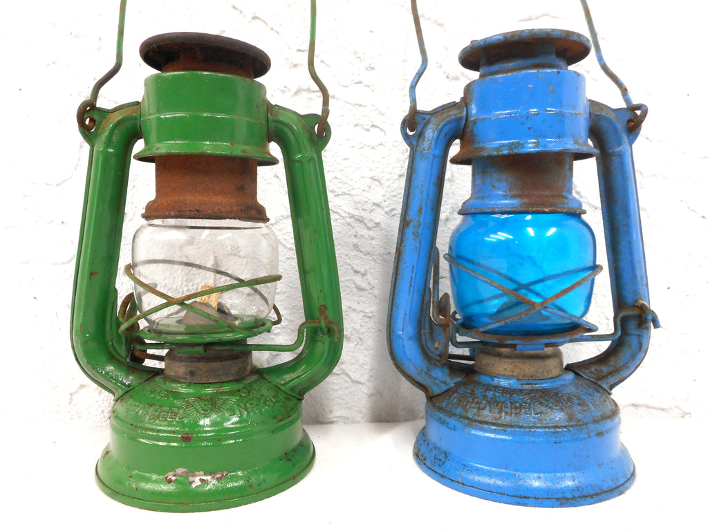 Vintage Kerosene Oil Lanterns Blue and Green 7", Winged Wheel No 350 Japan