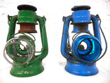 Vintage Kerosene Oil Lanterns Blue and Green 7", Winged Wheel No 350 Japan