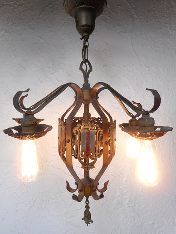 Vintage Masonic Temple 5 Lights Wrought Iron Chandelier 26" Montreal, Fleur Lys