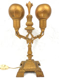 Antique Art Nouveau Gold Cast Iron Lamp 16" with 2 Metal Shades, Signed Elor 585