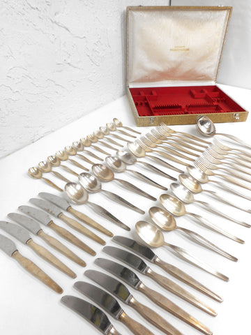 Vintage 1930s Francois Frionnet France Silverplate Flatware Cutlery Set for 12, Complete 49 Pieces Louis XV Set, Laddle, Original Box