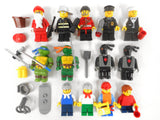 Lego Lot of 13 Minifigures and 17 Accessories, Ninja Turtles, Policeman, Cook, Worker, Skaters