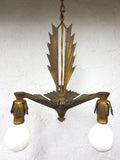 Antique 1920s Art Deco 3 Light Slip Shade Chandelier 11" Geometric Ceiling Fixtu