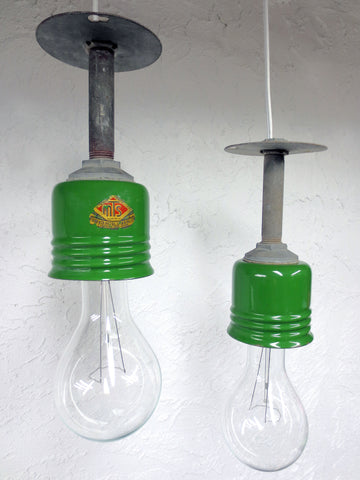 Rare Vintage Industrial Spun Metal Pendant Lights, Green Enamel Porcelain Shades