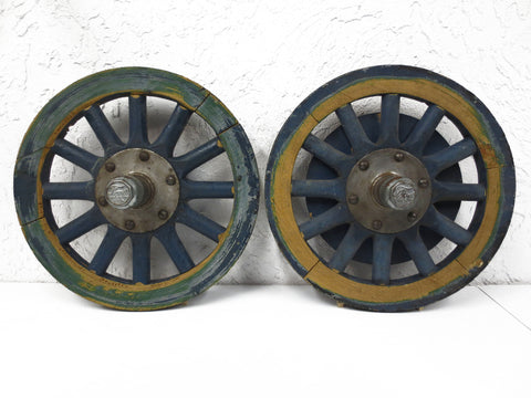 1930s Ford Model T Pair of Wood Spoke Wheels 17", Hub Caps, Flange, Brake Drum