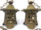 Antique Japanese Lanterns Pair 12" Heavy Brass, Buddhist Temple Lanterns, Chains