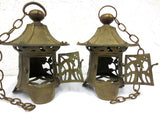 Antique Japanese Lanterns Pair 12" Heavy Brass, Buddhist Temple Lanterns, Chains