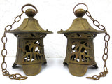 Antique Japanese Lanterns Pair 12" Heavy Brass, Buddhist Temple Lanterns, Chains