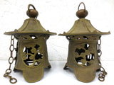 Antique Japanese Lanterns Pair 12" Heavy Brass, Buddhist Temple Lanterns, Chains