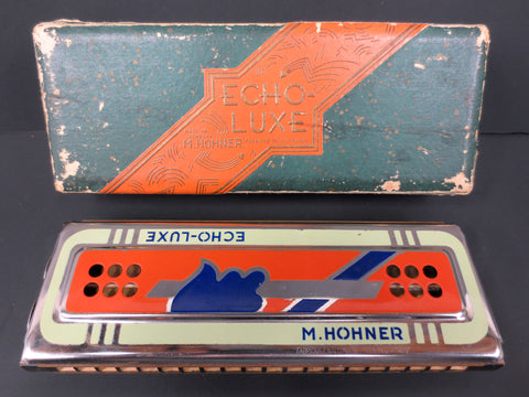 Vintage Hohner Echo-Luxe Harmonica Germany with Box, CG Key, Blue Hand Orange