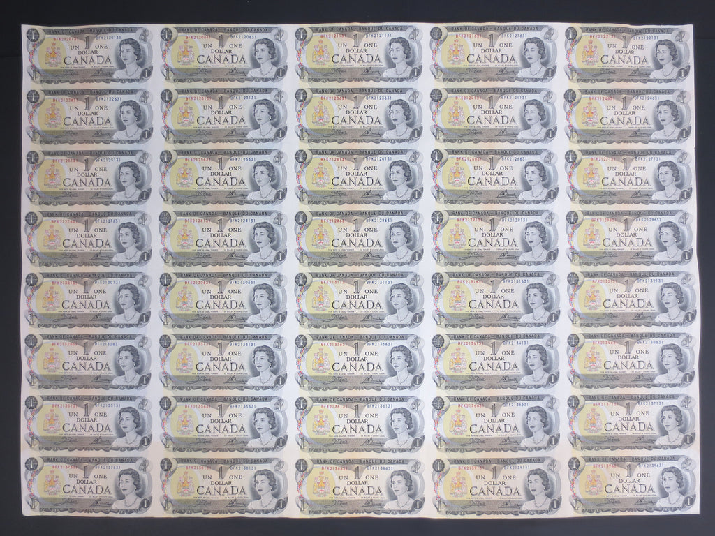 Vintage 1973 Uncut Sheet of 40 Canadian One Dollar Bills Series BFK