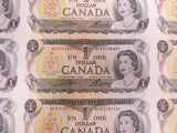 Vintage 1973 Uncut Sheet of 40 Canadian One Dollar Bills Series BFK