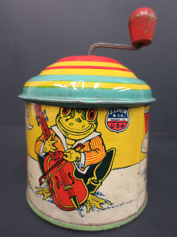 1930's J.Chein Tin Toy Music Box, Lithographed Frog Band Playing, WORKS