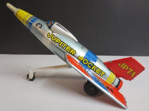 Vintage JUPITER ROCKET PLANE, Tin Wind-Up Rocket by MASUYA TOY JAPAN 9" WORKS