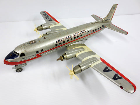 Vintage 17" American Airlines DC7 Boeing Tin Toy Airplane, Line Mar Toys Japan