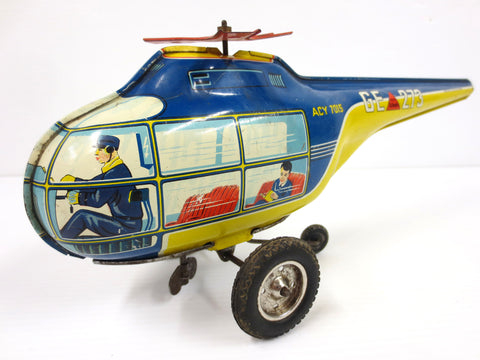 Vintage Wind Up Tin Toy Helicopter 13" Pilot Passenger, Technofix Germany, Works