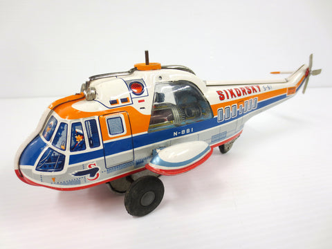 Vintage Sikorsky S-61 Tin Toy Helicopter 10.5", Airport Airway, TN Nomura Japan