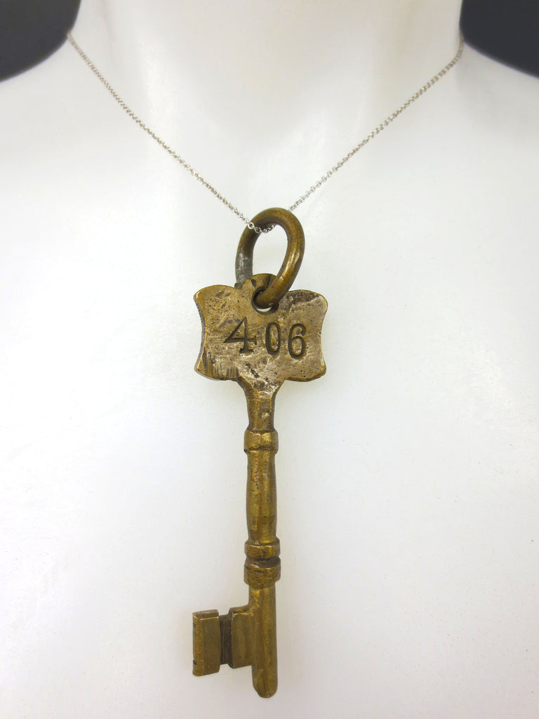 Original Antique Brass Hotel Skeleton Key Room Number 406, Solid Barrel, 3" Long