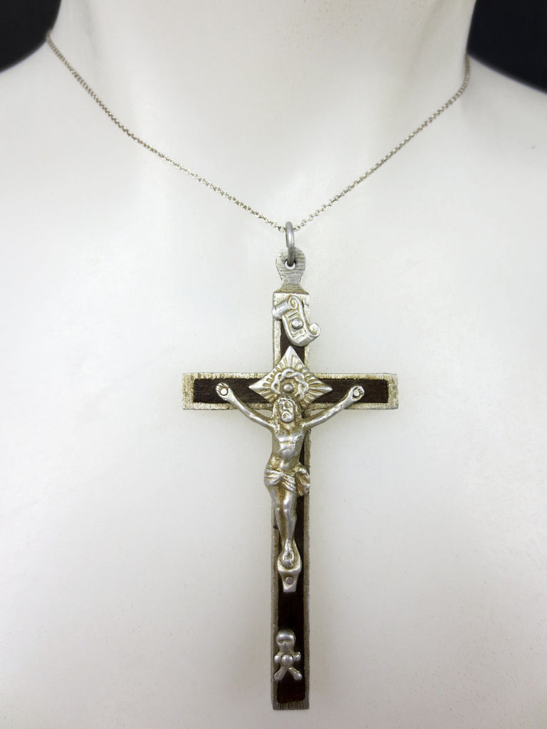 Antique Skull & Bones Priest's Crucifix Pendant, 3 1/4" Long 1.5" Large Aluminum