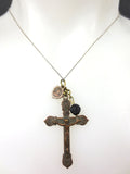 Vintage Nun's Ornate Crucifix Cross Pendant 1.5", Wood Flower, Bourgeoys Charm