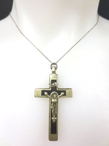 Antique Sterling Silver Priest's Crucifix Pendant 2 1/8" Long, Wood Inlay, 13gr