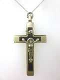 Antique Sterling Silver Priest's Crucifix Pendant 2 1/8" Long, Wood Inlay, 13gr