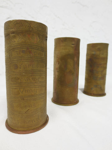 WWI 1914 Three Trench Art Brass Shells 92 mm, Patronenfabrik Karlsruhe