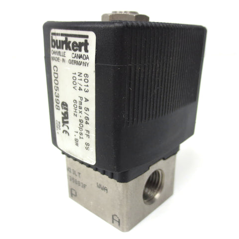 Burkert Solenoid Valve 100V 1.9W 60Hz 1/4" NPT PMAX 90PSI Model 6013 A 5/64 FF SS