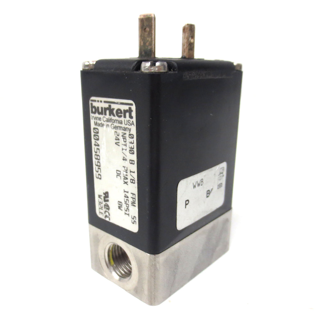 Burkert Solenoid Valve 24VDC 8W 1/4" NPT PMAX 145PSI Model 0330 B 1/8 FPM SS