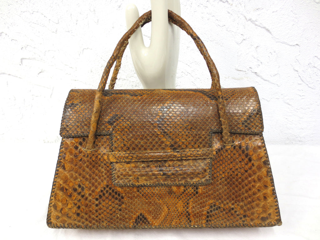 Vintage Genuine Python Snakeskin Purse Handbag, 3 Pockets, Handles