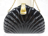 Vintage Sea Shell Purse by Farnell Paris, Black & Gold Rigid Handbag, Long Chain