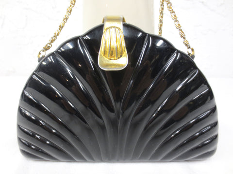 Vintage Sea Shell Purse by Farnell Paris, Black & Gold Rigid Handbag, Long Chain