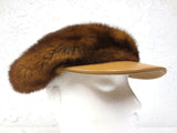 Vintage Mink Fur and Leather Cap Hat Light brown, Size 7 Women Fall Winter