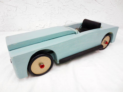 17" Long Vintage Wood Sport Car with Leather Seat, Folk Art Toy, Turquoise