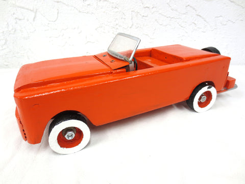 14" Long Vintage Wood Sport Car with Spare Tire, Folk Art Toy, Orange