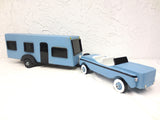 35" Long Vintage Wood Car and Camper Trailer Home, Folk Art Toy, Blue