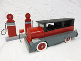 15" Long Vintage Wood Car Limousine with Gas Station, Folk Art Toy, Red Grey