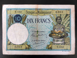 1937 Madagascar Banknote Money 10 Francs, 0,903, Y.1342, VF Condition