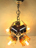 Vintage Mid Century Brutalist Chrome Ceiling Light Chandelier 26", Wood, Glass Flowers