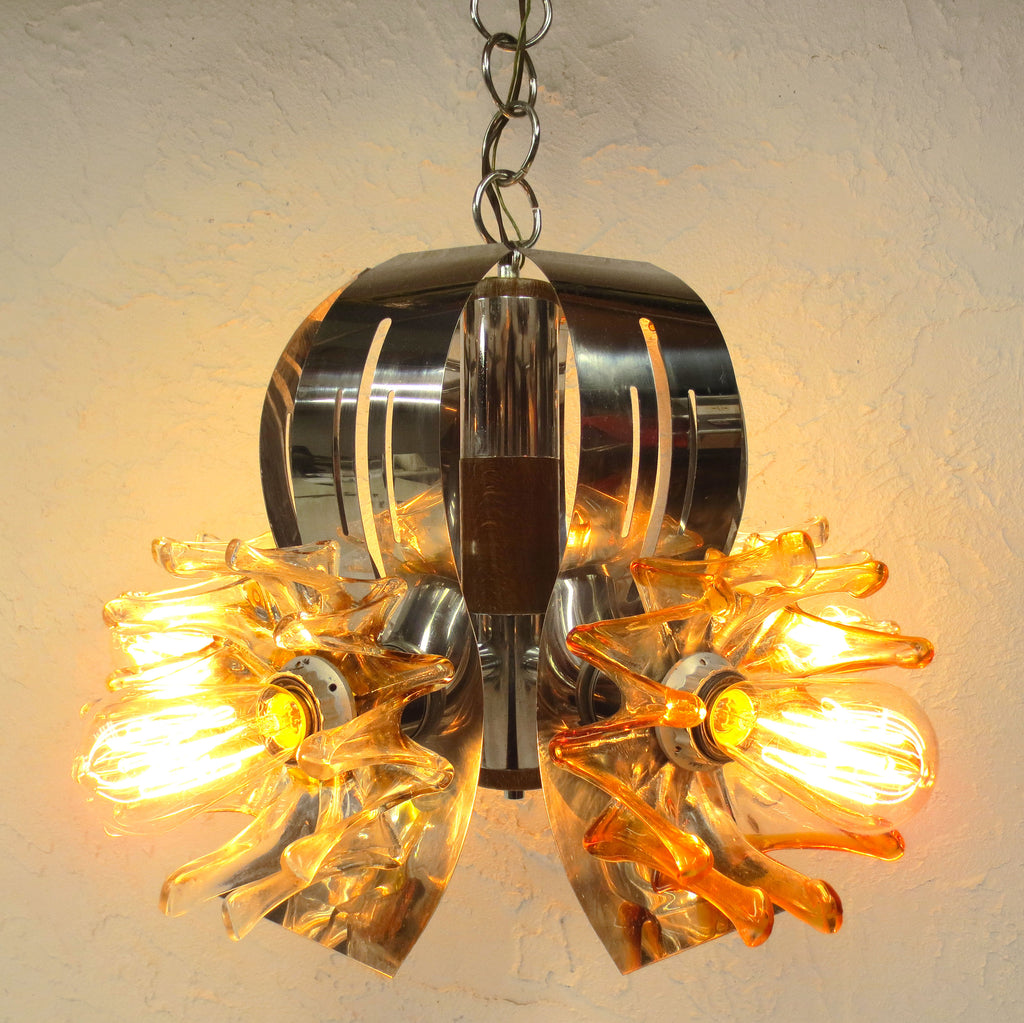 Vintage Mid Century Brutalist Chrome Ceiling Light Chandelier 26", Wood, Glass Flowers