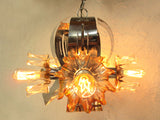 Vintage Mid Century Brutalist Chrome Ceiling Light Chandelier 26", Wood, Glass Flowers