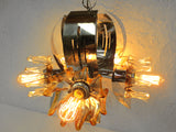 Vintage Mid Century Brutalist Chrome Ceiling Light Chandelier 26", Wood, Glass Flowers