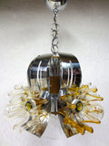 Vintage Mid Century Brutalist Chrome Ceiling Light Chandelier 26", Wood, Glass Flowers