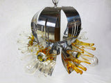 Vintage Mid Century Brutalist Chrome Ceiling Light Chandelier 26", Wood, Glass Flowers