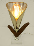 Vintage Mid Century Tulip Flower Light 13", Marble Teak Metal Table Lamp